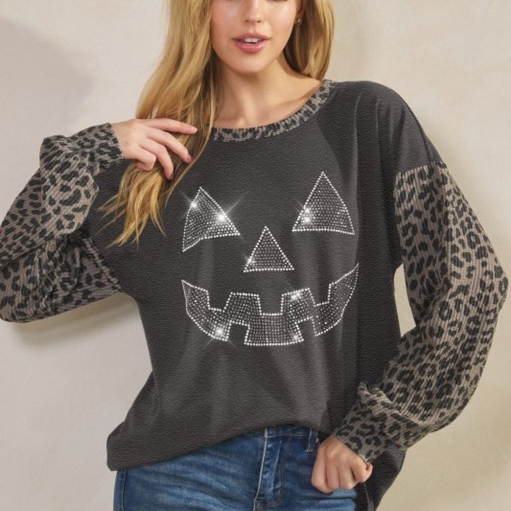 Women's Gray Leopard Sleeve Pumpkin Face Top